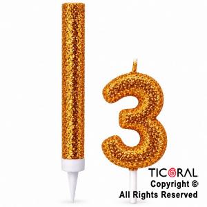 SET BENGALA Y VELA NUMERAL NUMERO 3 CON GIBRE ORO